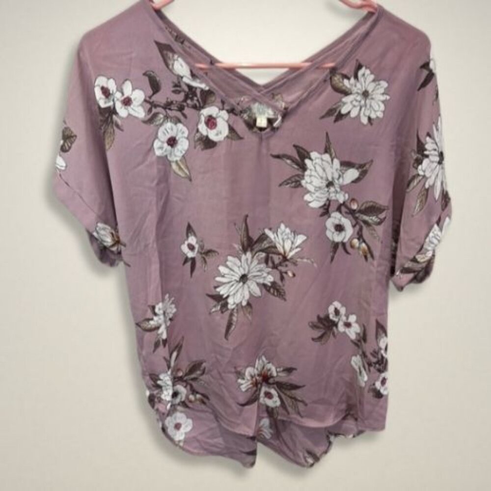 Pink Rose Blouse Crisscross Neckline Short Sleeve Floral Print Lilac Women's L